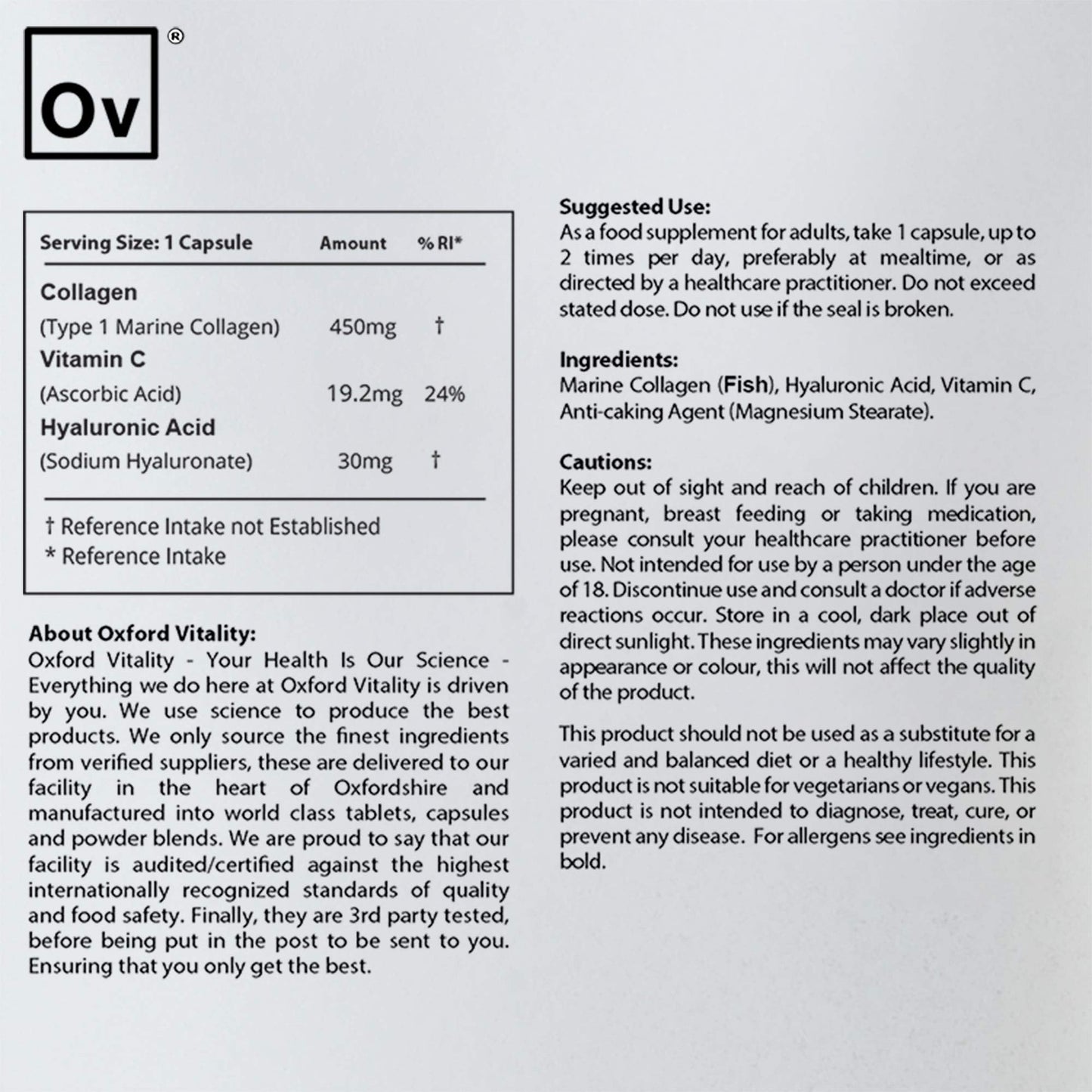 Ov OXFORD VITALITY Collagen 450mg, Vitamin C 19.2mg, Hyaluronic Acid 30mg Capsules | Bones & Skin, Iron Absorption | Oxford Vitality (120)
