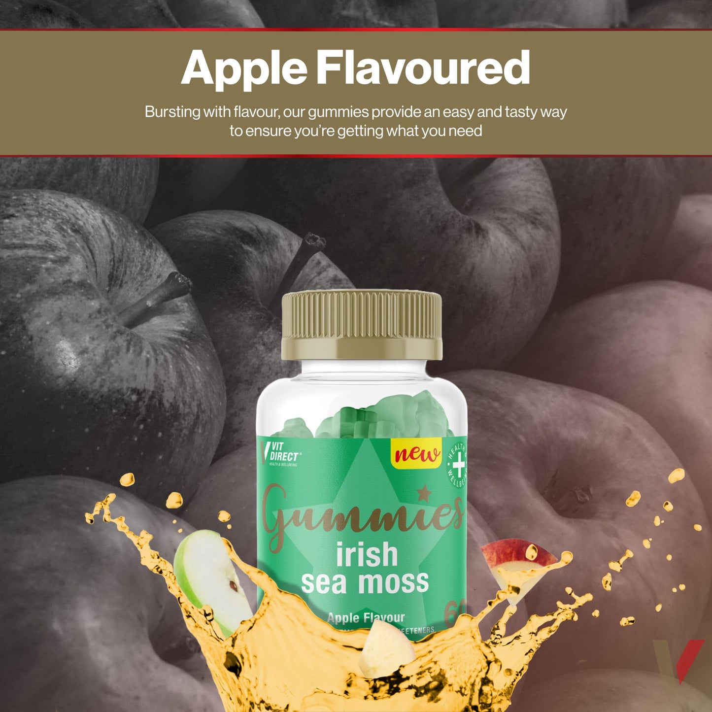 Vit Direct - Irish Sea Moss Gummies - 60 Apple Flavoured Gummies - Supports Immunity & Digestion - Rich in Vitamins - Improves Energy Levels - Vegan-Friendly Supplements