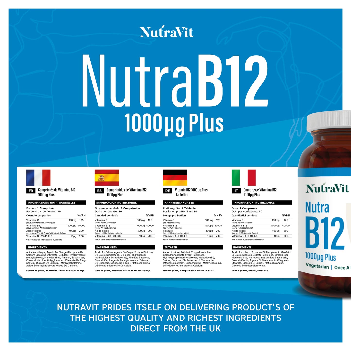 NUTRA B12 Plus - 1000mcg Vitamin B12 Tablets (Methylcobalamin) - 30 Tablets - High Strength Methylcobalamin Vitamin for Tiredness & Fatigue - Vitamin C, D, Folate - Vegetarian - NutraVit