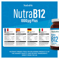 NUTRA B12 Plus - 1000mcg Vitamin B12 Tablets (Methylcobalamin) - 30 Tablets - High Strength Methylcobalamin Vitamin for Tiredness & Fatigue - Vitamin C, D, Folate - Vegetarian - NutraVit