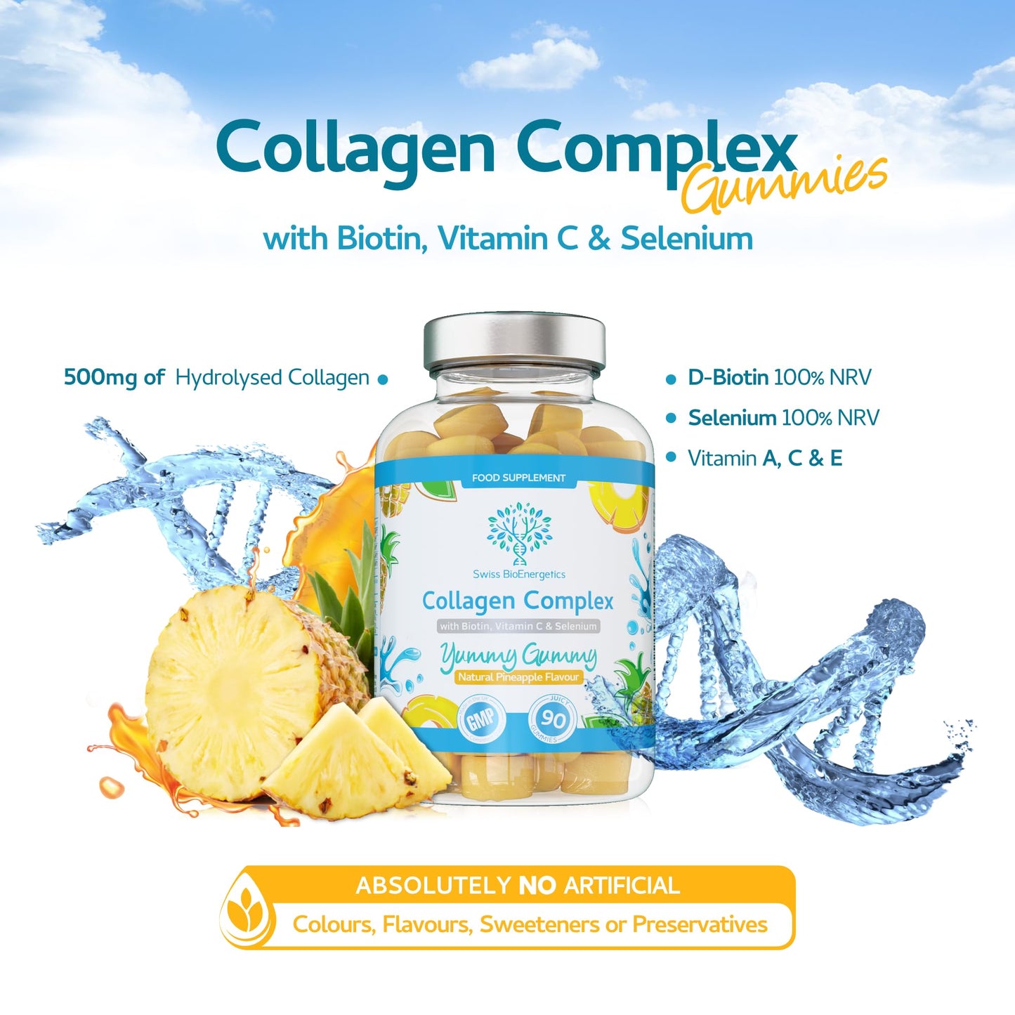 swiss bioenergetics Collagen Complex - 90 Natural Pineapple Flavour Chewable Yummy Gummies - One a Day 500mg Hydrolysed Collagen, Biotin, Vitamin C and Selenium – Healthy Skin and Hair for Men and Women – UK Made