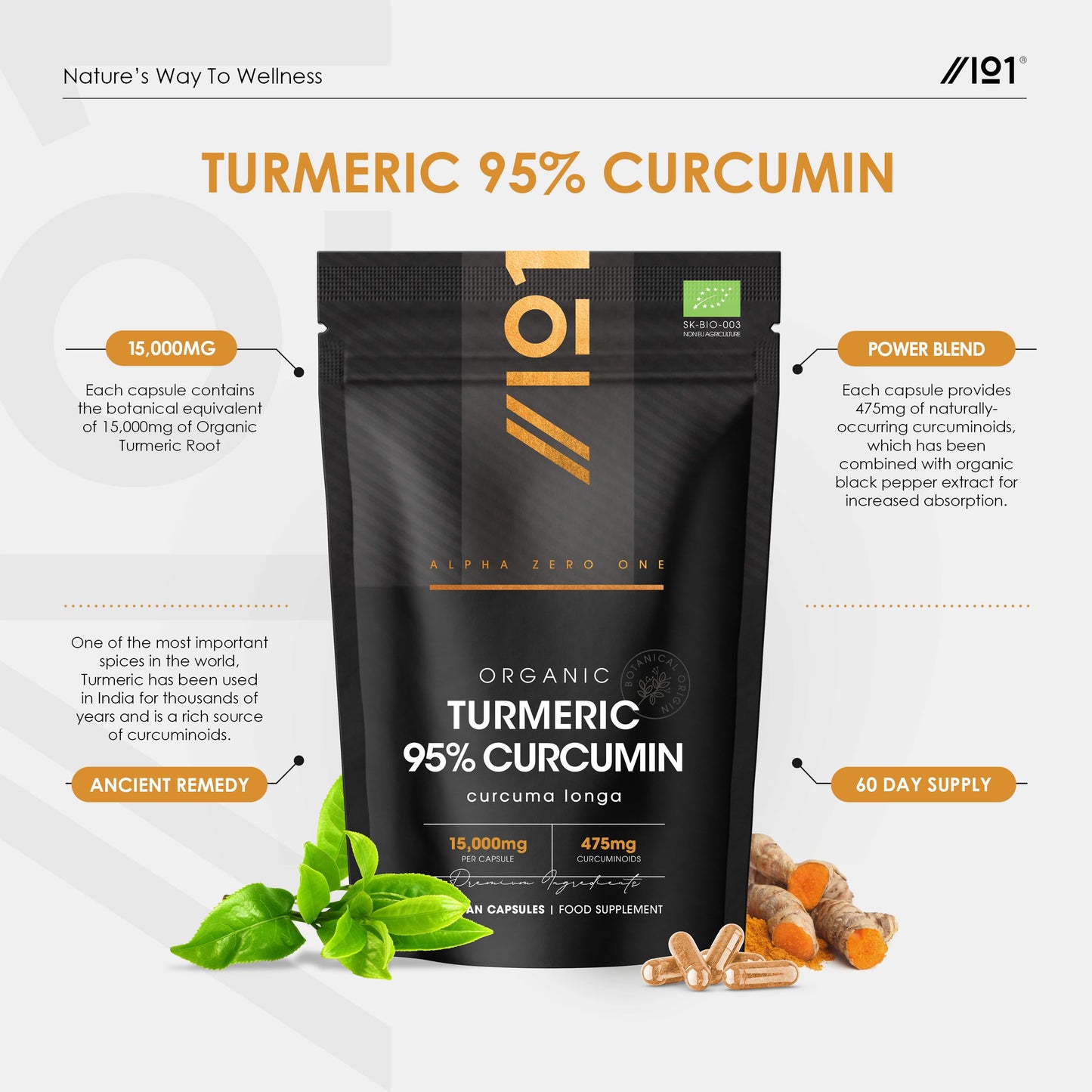 Organic 95% Curcumin Turmeric 15,000mg with Black Pepper – 475mg Curcuminoids – 90 Vegan Capsules – High Strength 95% Curcuminoids Supplement by Alpha01
