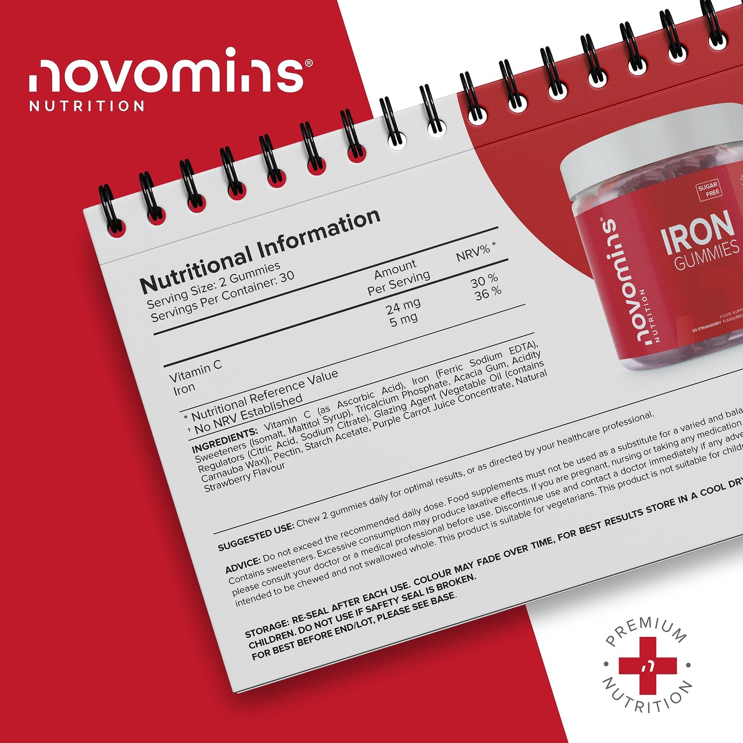 Iron Gummies – Sugar Free - High Strength Iron Supplement for Women and Men – Vegan – 1 Month Supply – Chewable Iron Gummies - Immunity & Energy Supplements for Adults - Made by Novomins