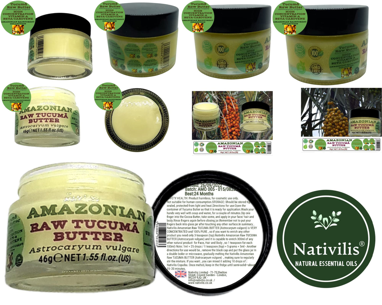 Nativilis Natural Essential Oils Nativilis Amazonian Raw TUCUMA BUTTER (Astrocaryum vulgare) – GREAT HAIR CONDITIONER - HIGH CONCENTRATION VITAMIN-A BETA-CAROTENE - SKIN and Hair Care - nourishing, moisturizing, antioxidant - Copaiba