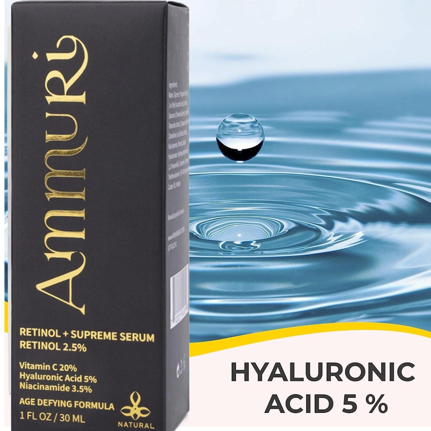 Ammuri Retinol + Supreme Serum 2.5% Vitamin C 20% with Hyaluronic Acid & Vitamin E, Face Serum, for Wrinkles, 5% Niacinamide 3.5% Anti Aging Skin Repair, Supercharged Face Serum