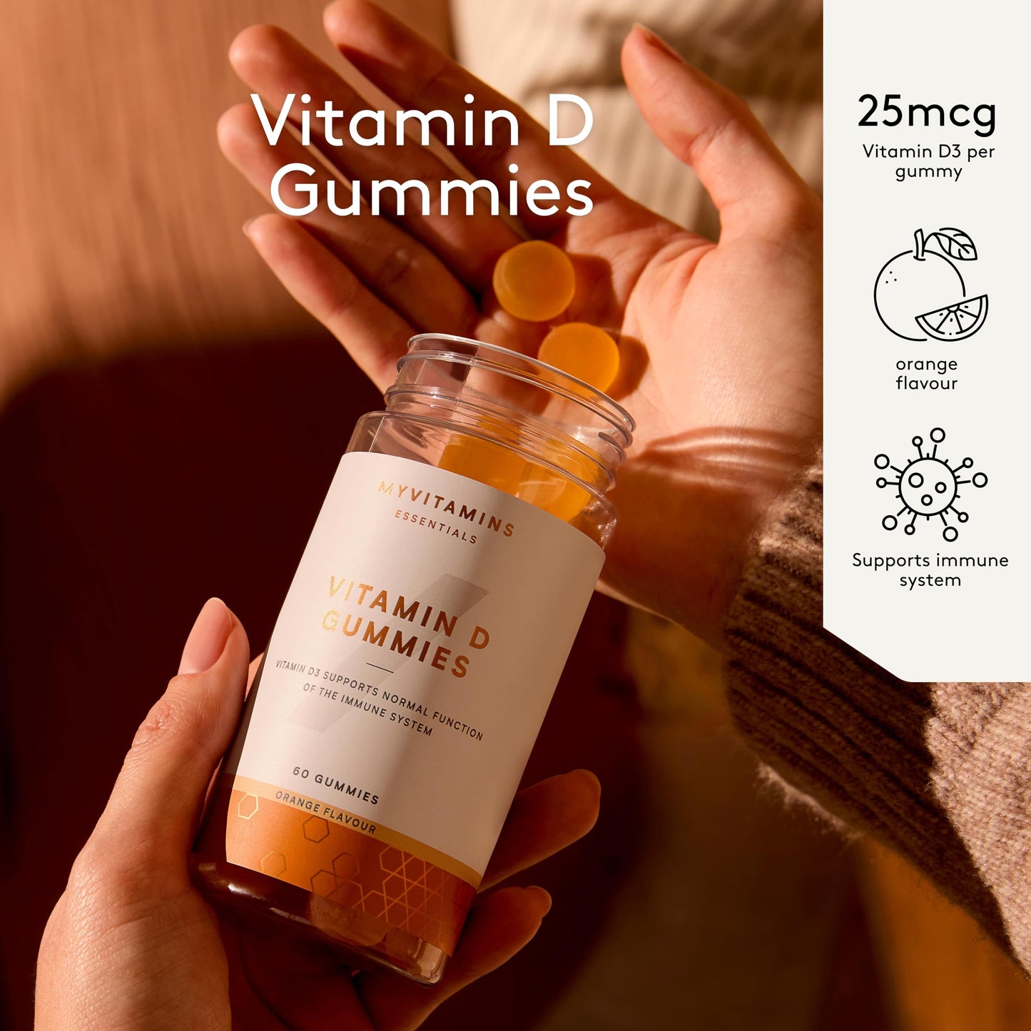 Vitamin D Gummies 25mcg - Support Immune System, Bone Health & Muscle Function - Orange - Vegetarian Friendly - 60 Gummies - Essential Vitamin D for Immune Boost, Bone Maintenance & Muscle Support