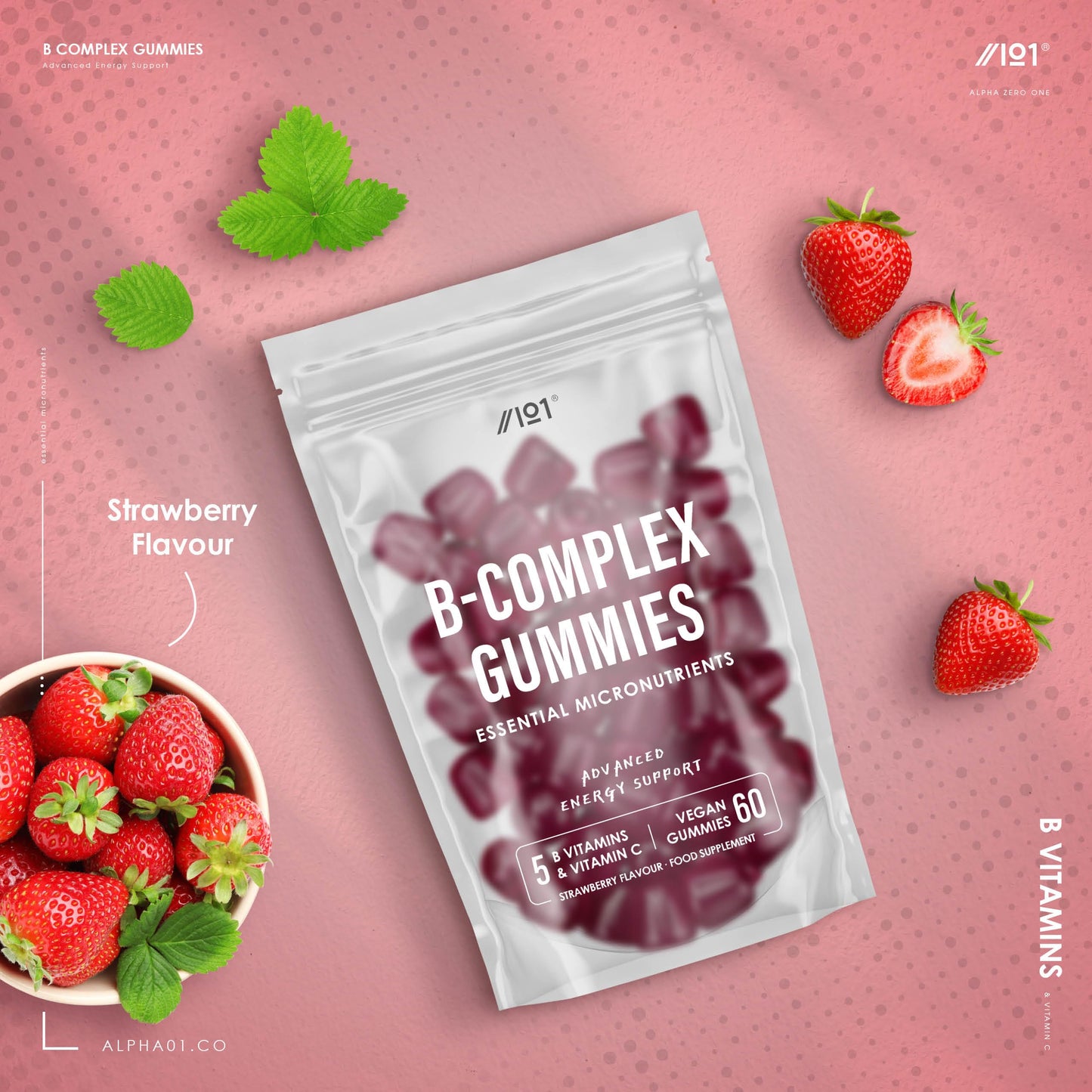 B Complex Gummies - Potent Formula Contains 5 Essential B Vitamins & Vitamin C, Strawberry Flavour - Halal, Non GMO - 60 Vegan Fruity Gummies.