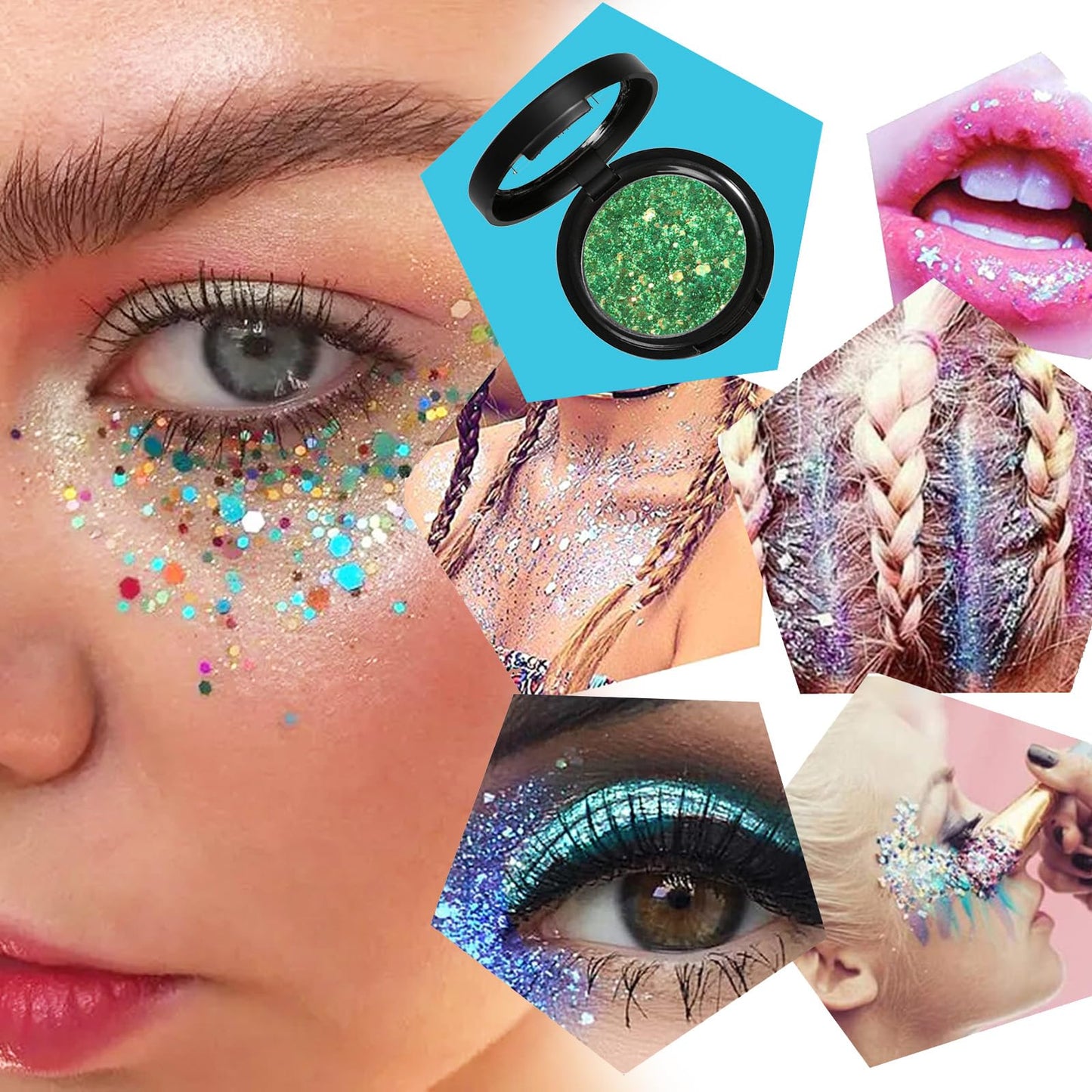 RUICHING Glitter Green Eyeshadow, Shimmer Single Eyeshadow, Bright Sparkly Eye Glitter Eye Make-Up, High Pigmented Long Lasting Colourful Metallic Smokey Christmas Eyeshadow Makeup for Women