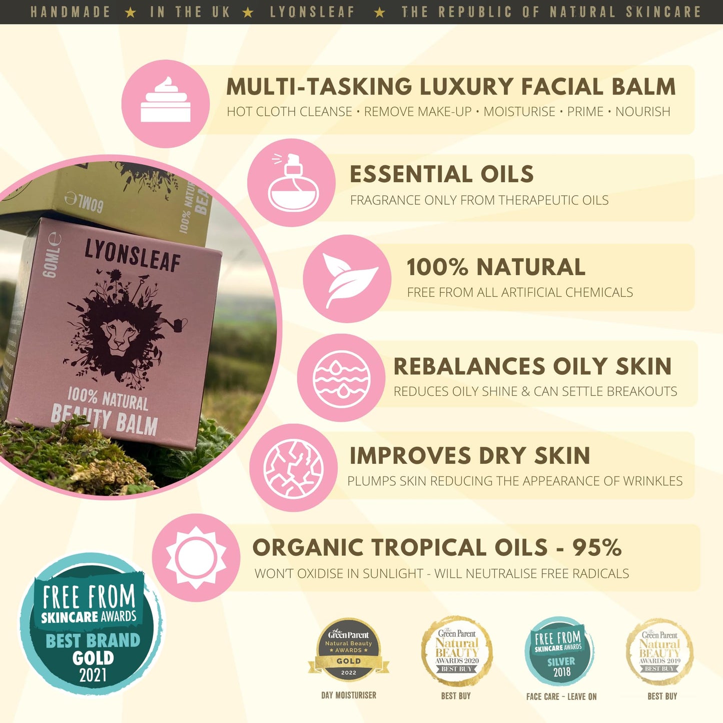 Lyonsleaf 100% Natural Beauty Balm - Balm Cleanser and Moisturiser in one - Hot Cloth Cleanser - Oil Cleansing Method 60ml (Fragranced With Essential OIls) 60mls