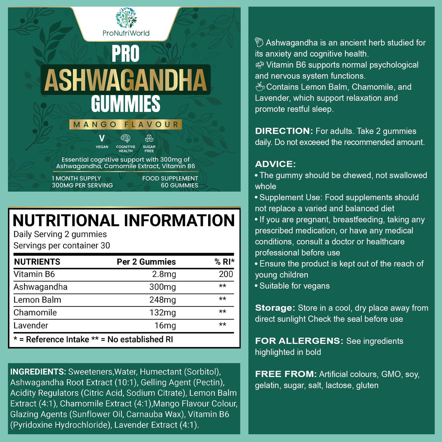 ProNutriWorld Ashwagandha & Chamomile Gummies High Strength Root Extract | Natural Stress Relief & Better Sleep Botanical Blend with Vitamin B6 & Lavender - 60 Two-a-Day Gummies | Mango Flavour