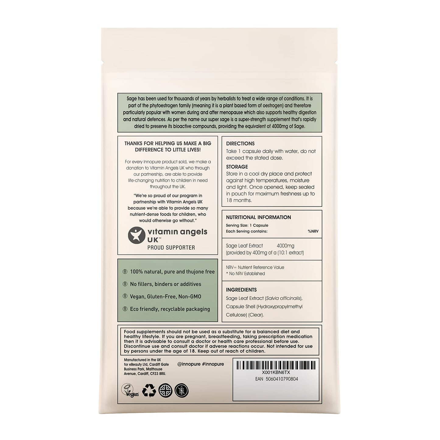 INNOPURE Super Sage Leaf 4000mg - No fillers or Binders. for Menopause Symptoms - High Strength - Hot Flushes & Night Sweats - 60 Capsules, 2 Month Supply - Vegan - UK Made