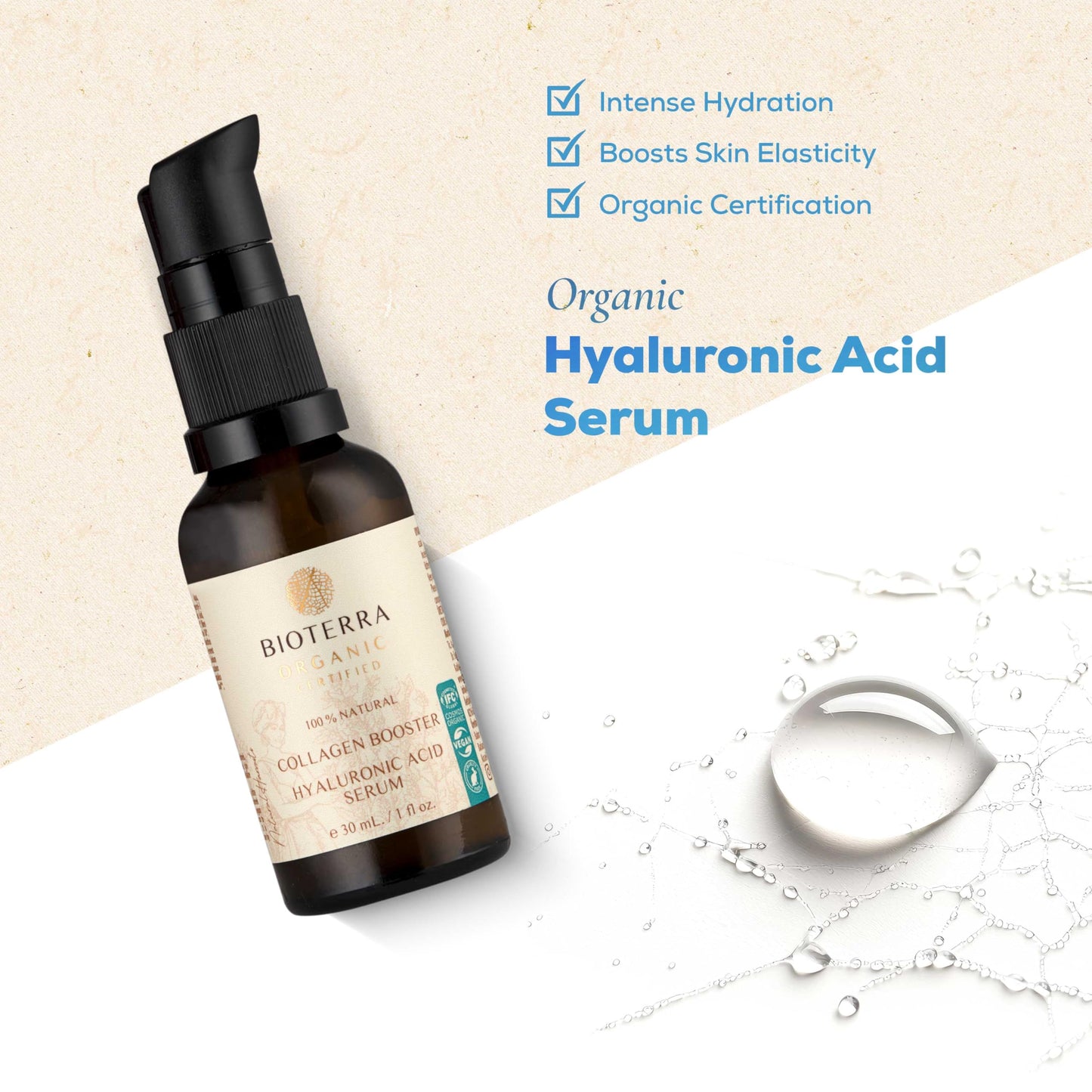 Bioterra Organic Collagen Booster Hyaluronic Acid Serum, Face Moisturiser, Natural Ingredients with Jojoba and Lavender, 30 ml