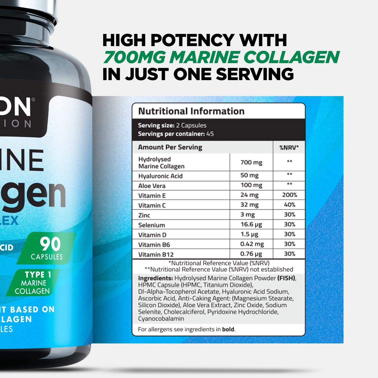 Marine Collagen Capsules 1400mg with Hyaluronic Acid, High Strength Collagen Supplement, Hydrolyzed Collagen Supplement for Women and Men (Not Collagen Powder or Tablets)