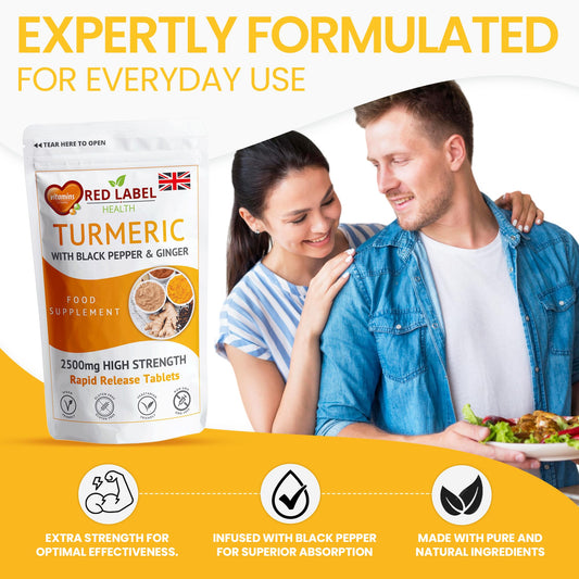 Red Label Health Turmeric Tablets 2620 mg with Black Pepper & Ginger, 400 Count High Strength Curcumin Supplements, Not Turmeric Capsules, Vegan and Gluten Free, UK Made