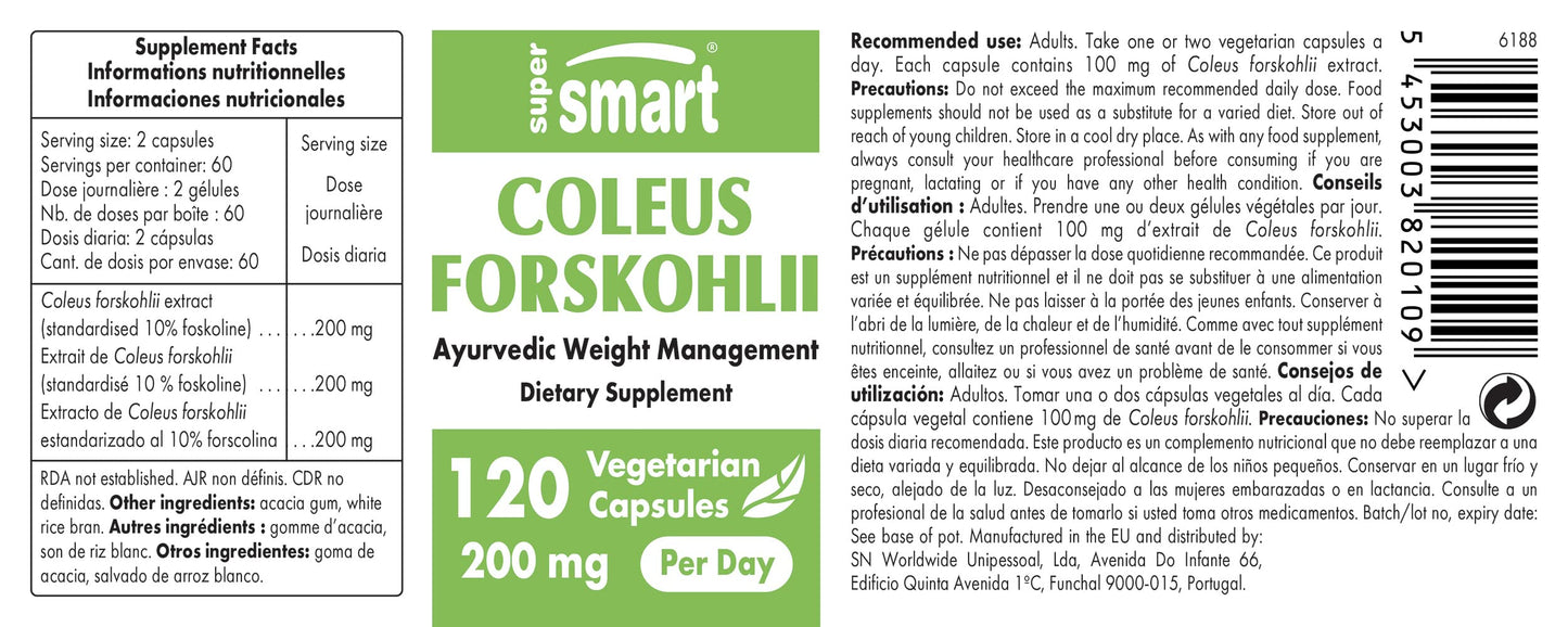 SUPERSMART Supersmart - Coleus Forskohlii 200 mg Per Serving - Natural Supplement Help Control Appetite & Reduce Intraocular Pressure | Non-GMO & Gluten Free - 120 Vegetarian Capsules