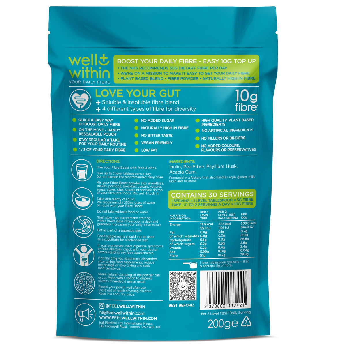 10g Fibre Supplement Powder, 1/3 NHS Daily Intake, 4in1 Insoluble & Soluble Fibre Powder (200g Bag, 30 x 5g Fiber) 4 Types of Fiber. Well Within. for Men, Women & Kids