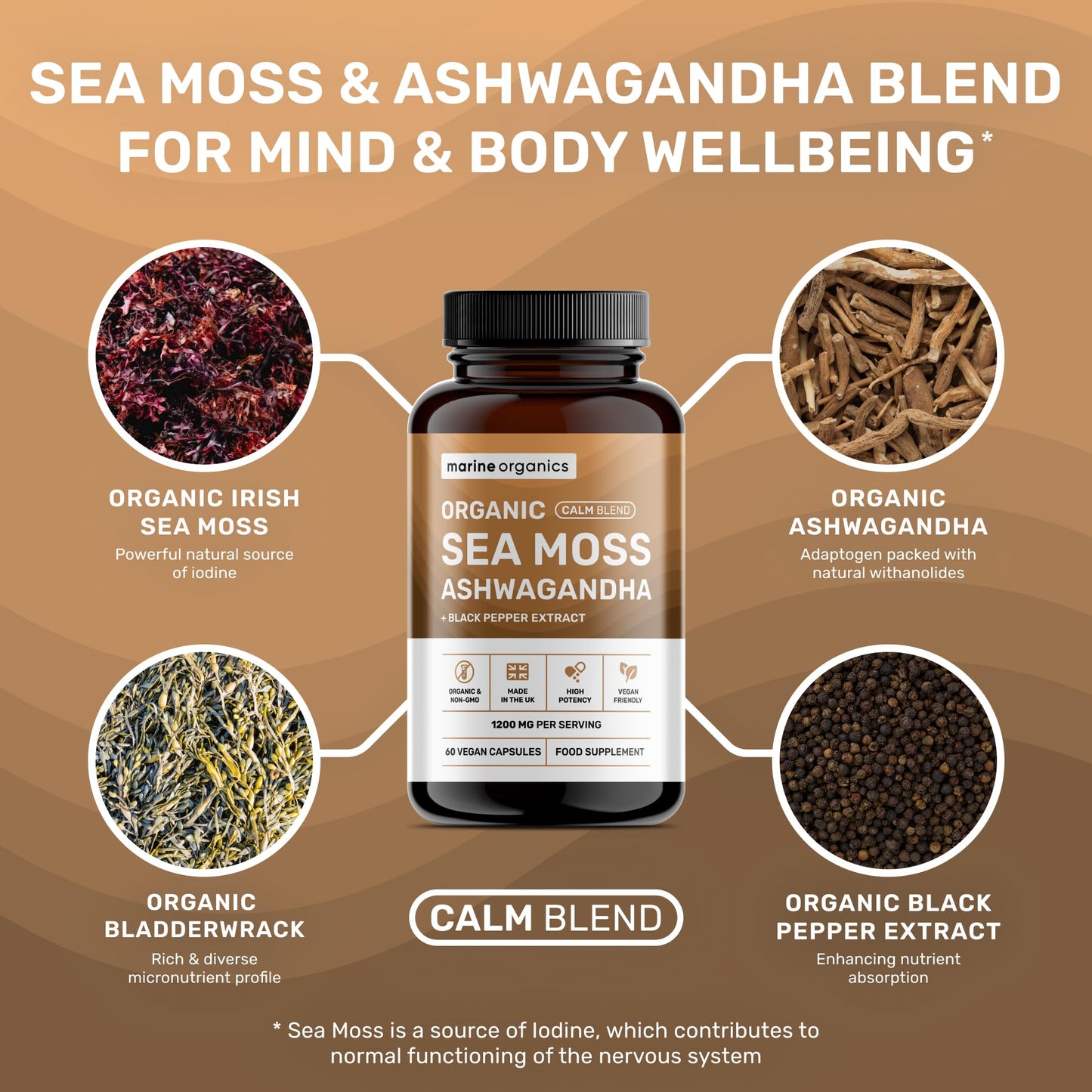 Marine Organics Organic Irish Sea Moss & Ashwagandha Capsules - Calm Blend - 60 Capsules - Ashwagandha High Strength 1200mg w/Black Pepper - Immunity & Stress Support - Vegan, Non-GMO, UK Made, Certified Organic