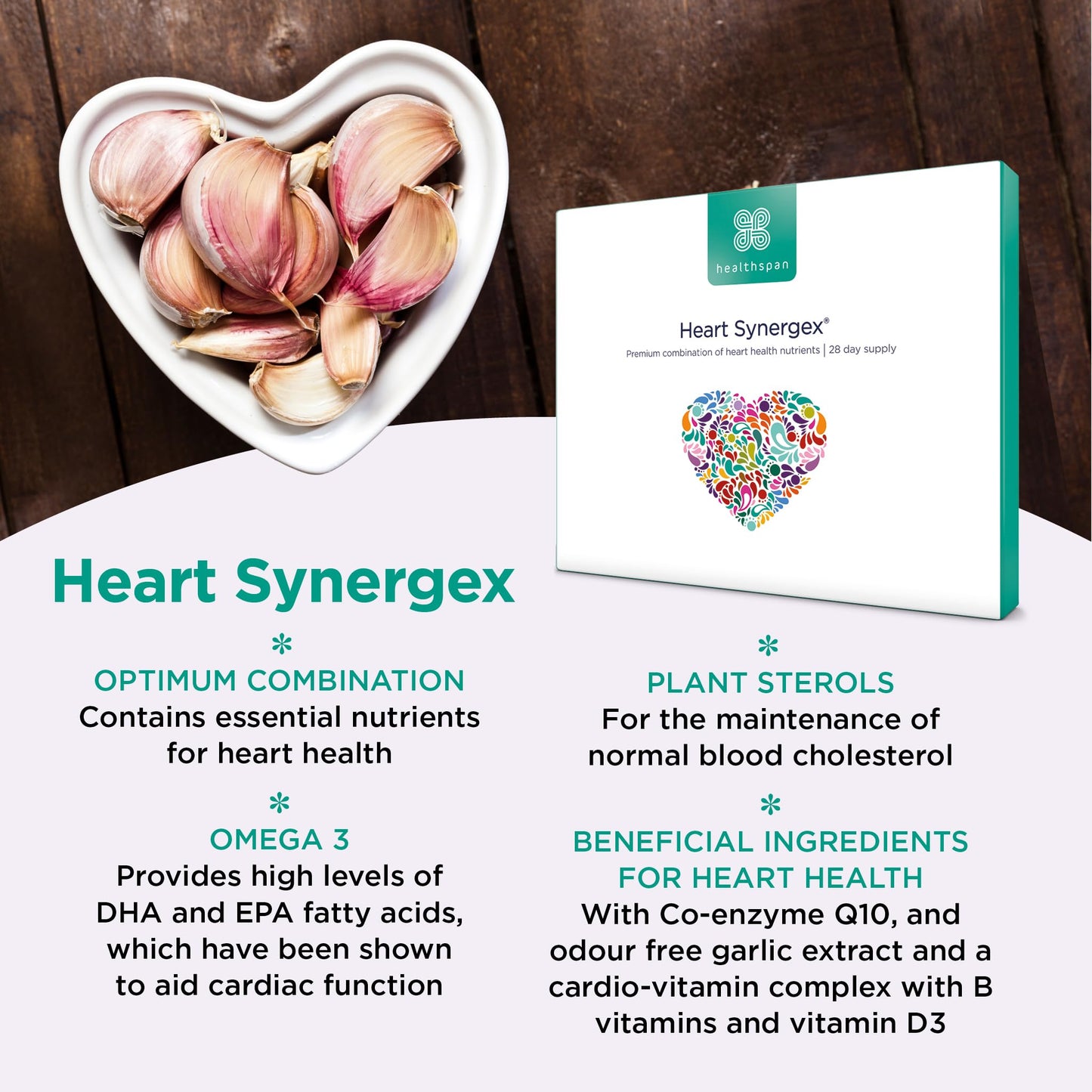 healthspan Healthspan Heart Synergex | 28 Day Supply | With Vitamin D3 | Plant Sterols | Garlic | Cardio-Vitamin Complex | Omega 3 | Co-enzyme Q10 | Friend Of The Sea