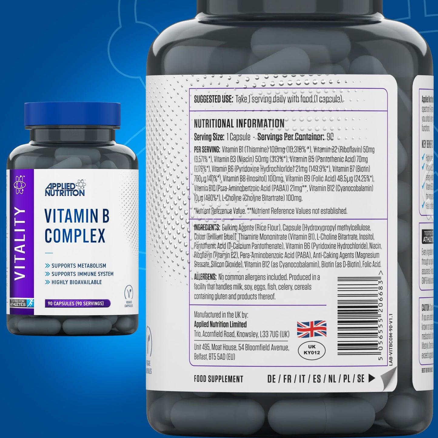 Applied Nutrition Vitamin B Complex Multivitamin - High Potency B12, B6, B1, Folic Acid & Biotin - Supports Metabolism, Reduces Tiredness & Fatigue, Helps Immune System - (90 Capsules)