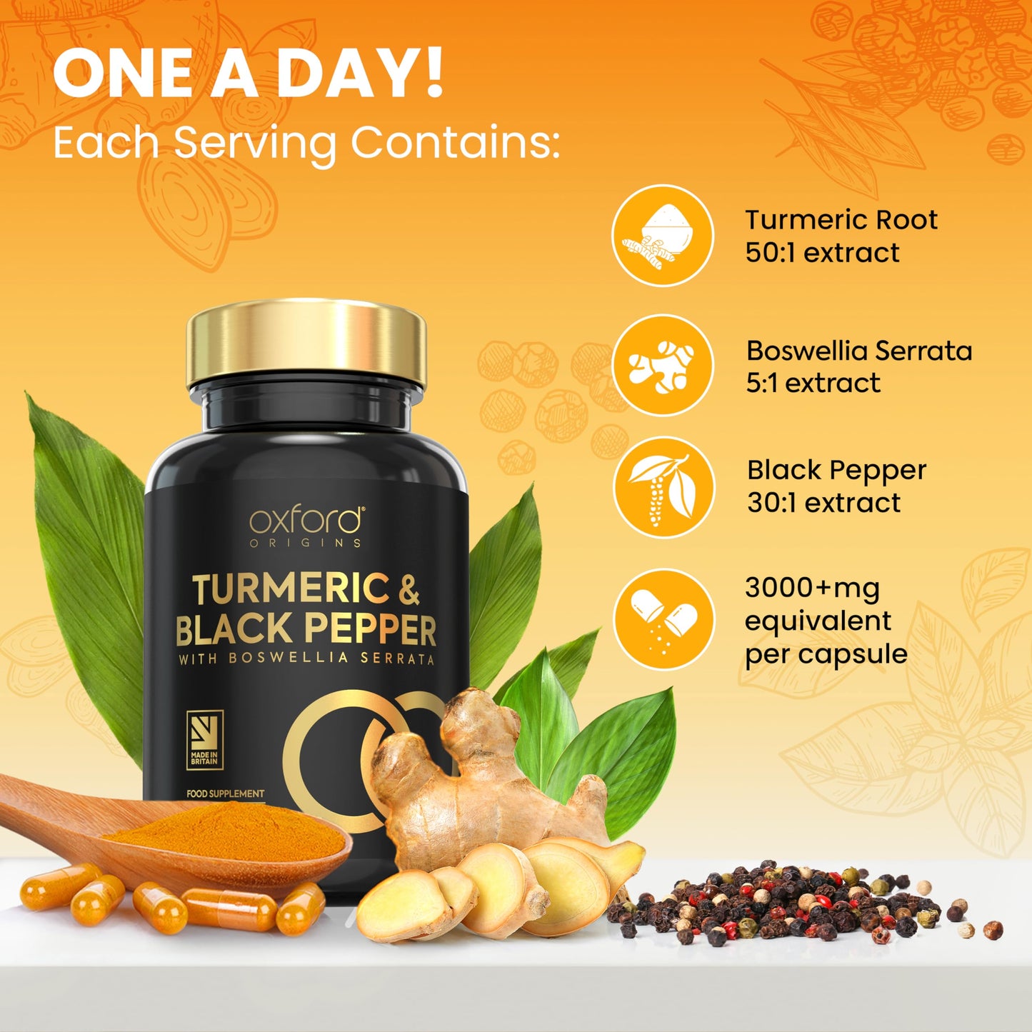 Advanced Turmeric Capsules High Strength 3000mg, Boswellia & Black Pepper | ONE per Day | Turmeric and Black Pepper Capsules Locally Made in UK, Turmeric Powder Joint Care Supplements (120 Capsules)