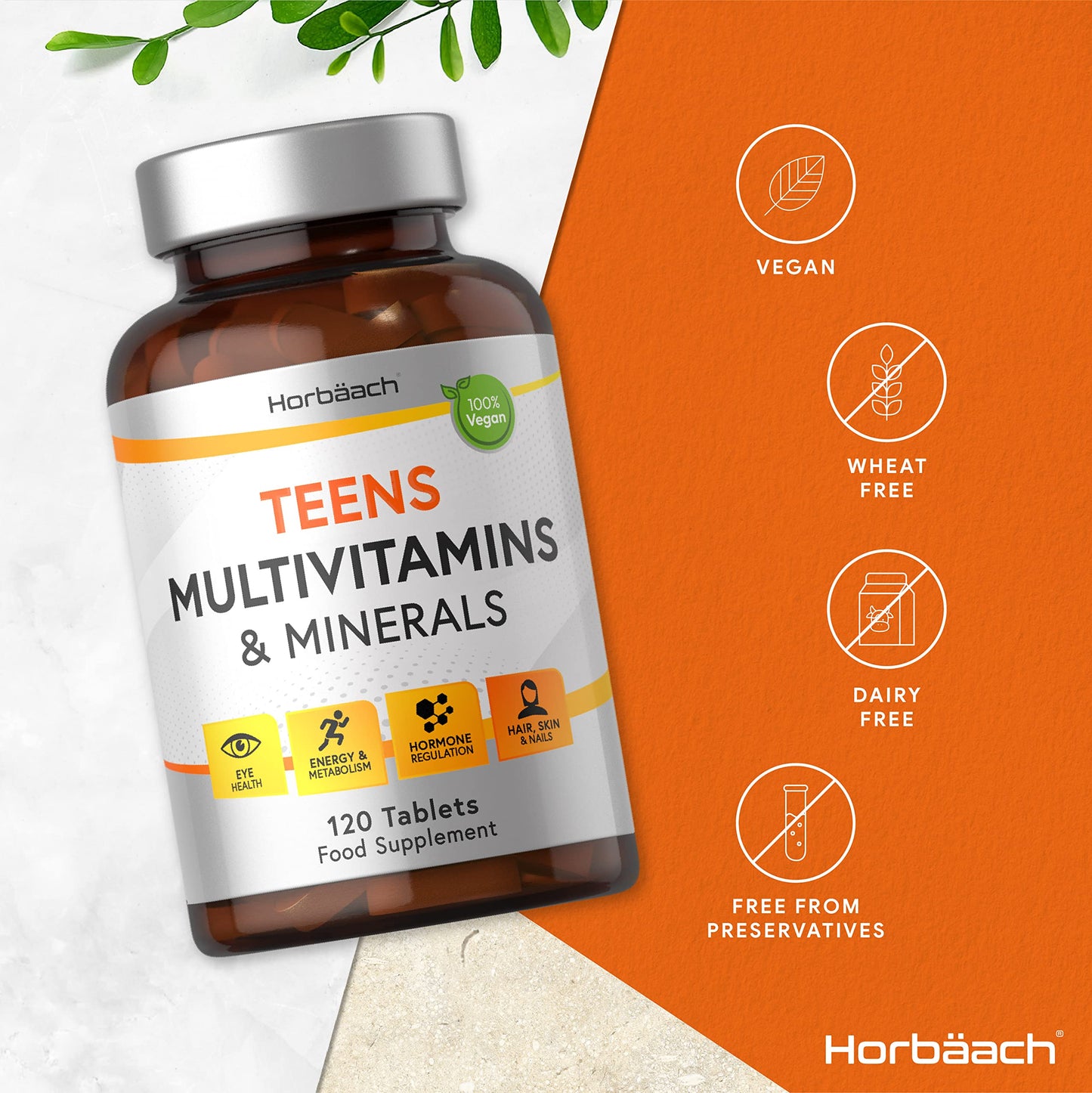 Teen Multivitamin | 120 Vegan Tablets | Immune System Booster | with Vitamins B, D, and E, Calcium, Iron and Zinc | Supplement for Teenage Boys and Girls | by Horbaach