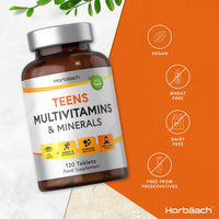 Teen Multivitamin | 120 Vegan Tablets | Immune System Booster | with Vitamins B, D, and E, Calcium, Iron and Zinc | Supplement for Teenage Boys and Girls | by Horbaach