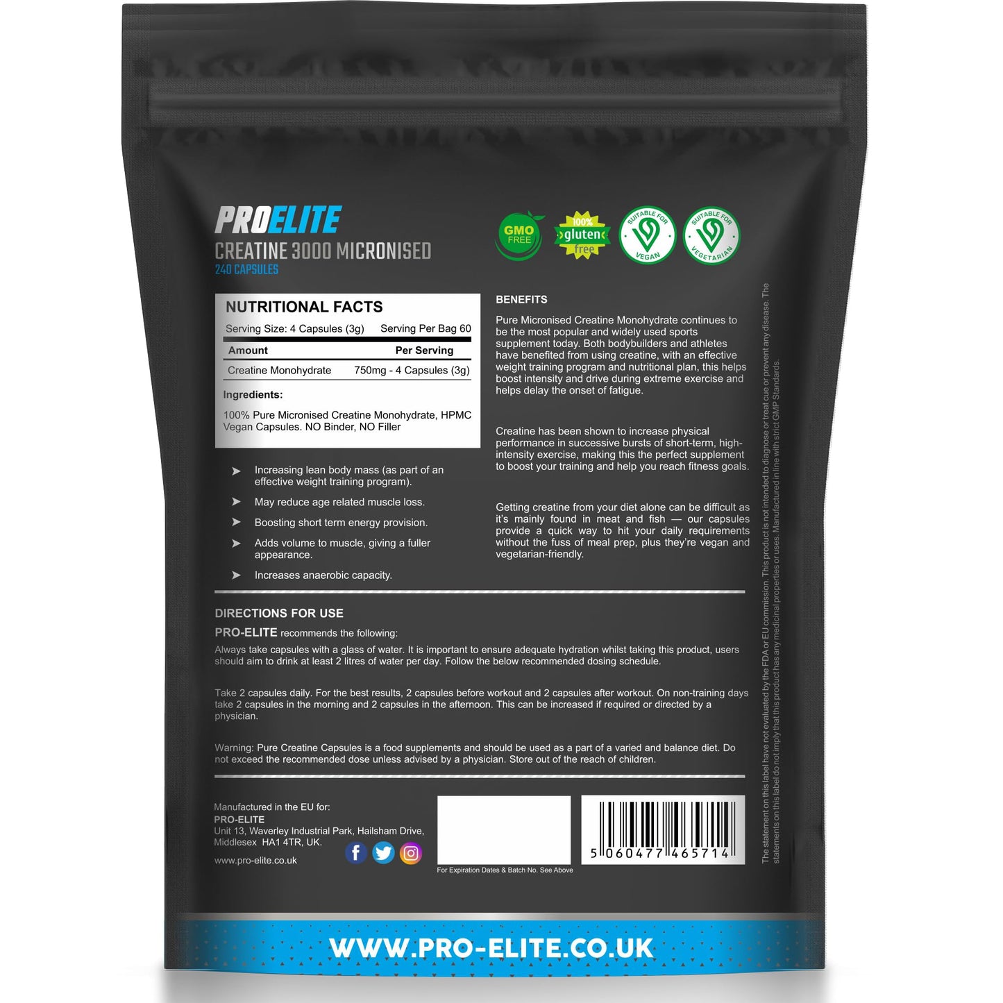 Creatine Capsules x 240 Vegan 3000mg of Unflavoured Creatine Monohydrate per Serving, NO FILLERS & Binders Micronised Pure Creatine Tablets Alternative by PROELITE