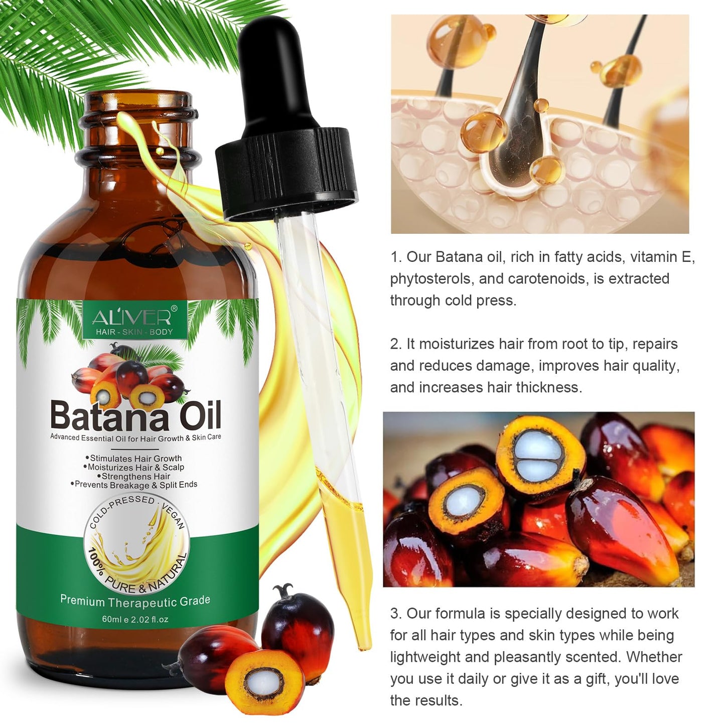 GMOLARSUSCO Batana Oil for Hair Growth with Scalp Massager, 100% Pure & Natural Raw Batana Oil from Honduras, Repairs Demaged Hair, Reduce Hair Loss for Healthier Thicker Fuller Hair 60ML