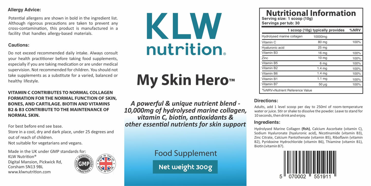 KLW Nutrition Marine Collagen Powder 10,000mg - with Vitamin C, Zinc, Biotin, Hyaluronic Acid - No fillers, sweeteners or additives - Healthy Skin & Joints - Formulated by an Award-Winning Nutritionist