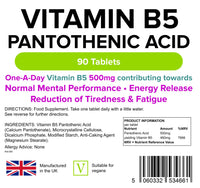 Lindens Vitamin B5 500mg Tablets - 90 Pack - 8000% Nrv Dose Contributes Towards Mental Performance, Normal Metabolism & Reduction of Tiredness - UK Manufacturer, Letterbox Friendly