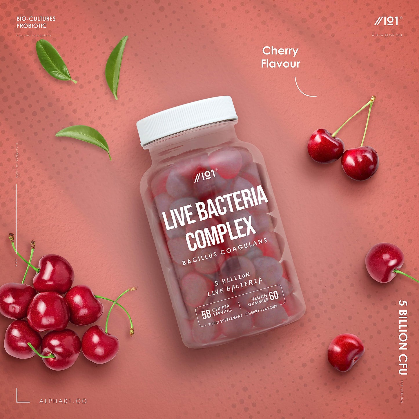 ALPHA01 Bio Complex Probiotic Cultures Gummies - 5B CFU Bacillus Coagulants Per Serving - Non-GMO, Gluten Free, Halal, Cherry Flavour - 60 Vegan Gummies. 1 Pack