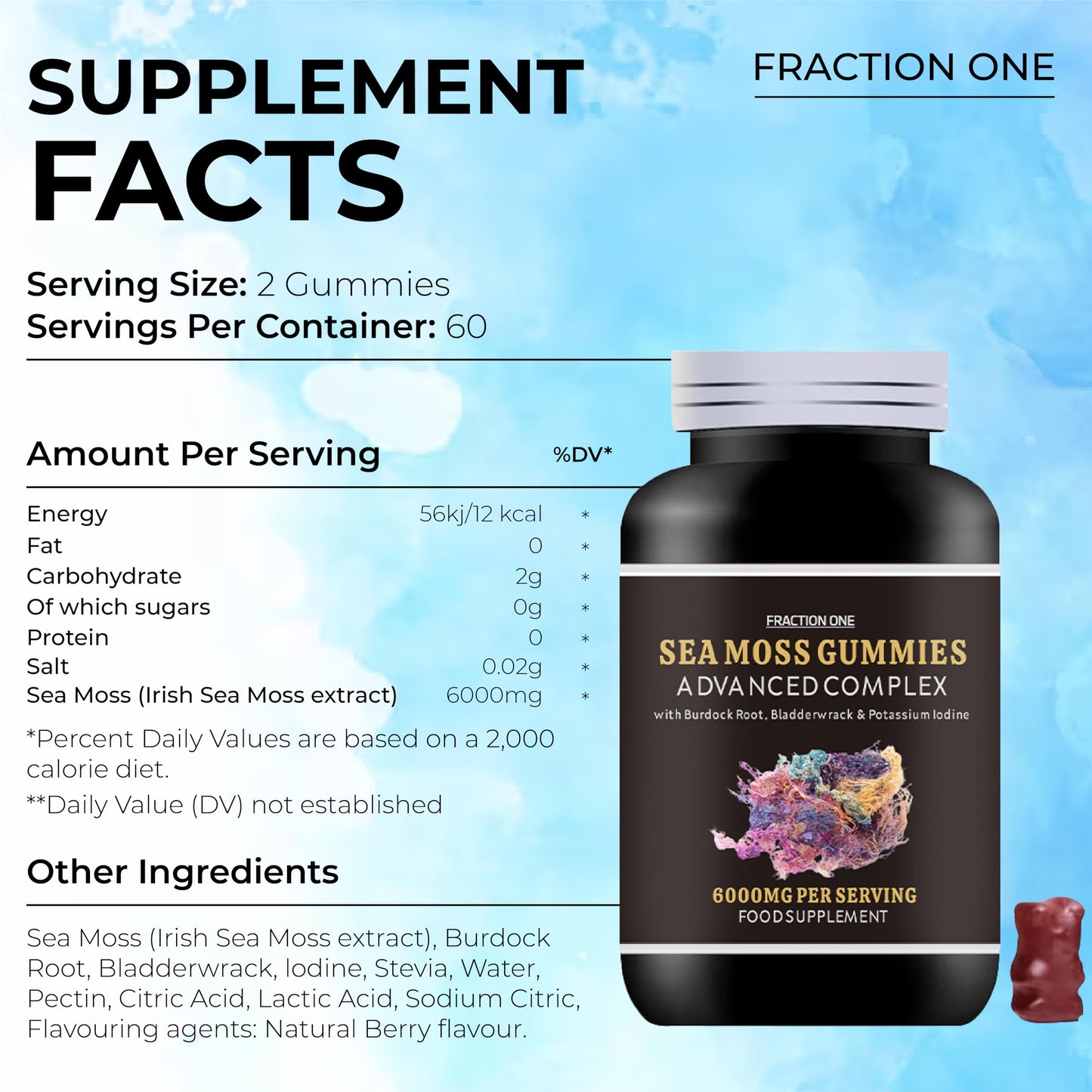 Fraction One Irish SEA Moss Gummies | 120 Gummies | HIGH Strength | 6000MG | Advanced Complex | Irish SEA Moss | Burdock Root | BLADDERWRACK | Potassium Iodine |Sugar Free | 60 Servings | 2 Months Supply | Vegan