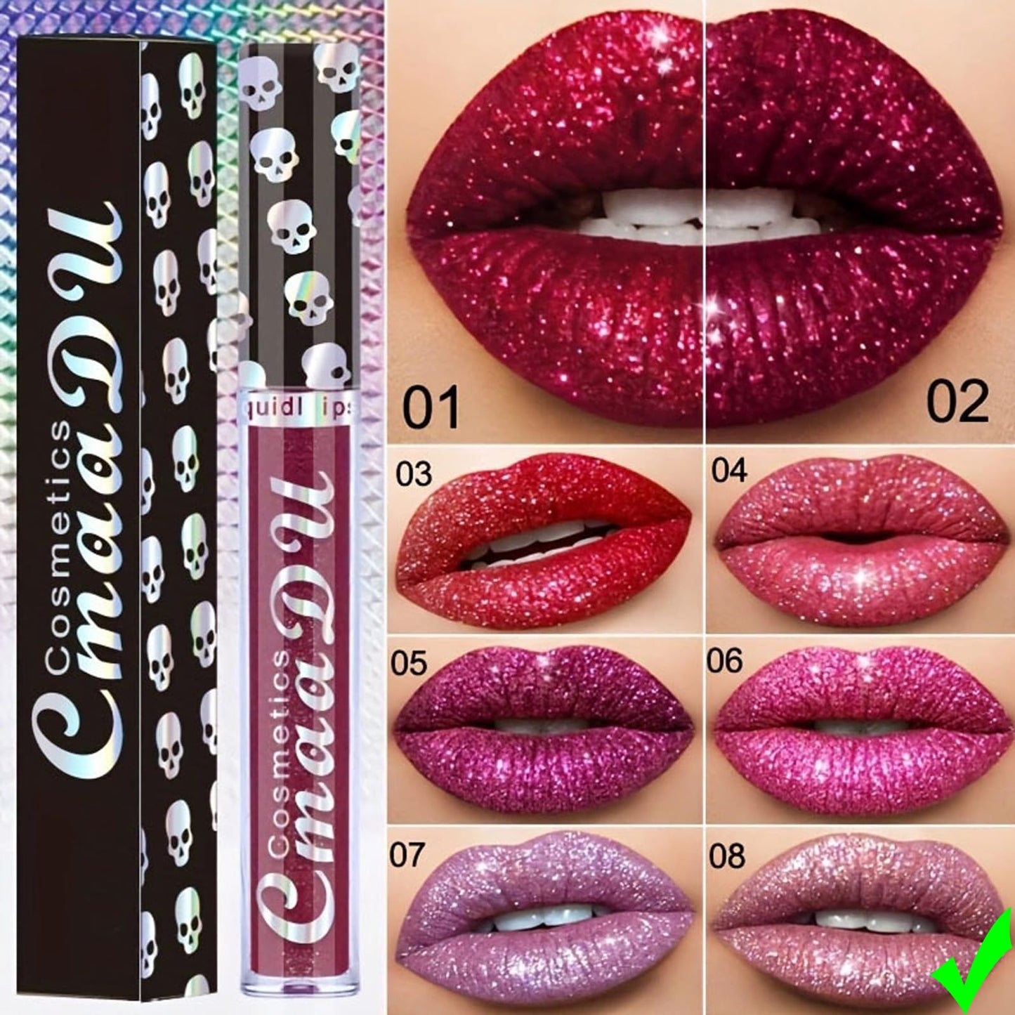 GEEWHILE Diamond Glitter Lip Gloss, Diamond Glitter Liquid Lipstick, Pink Shimmer Metallic Lipsticks, Sparkly Liquid Lipstick Waterproof Long Lasting Non-Stick Cup Sparkly Pink Lipgloss for Women Girls