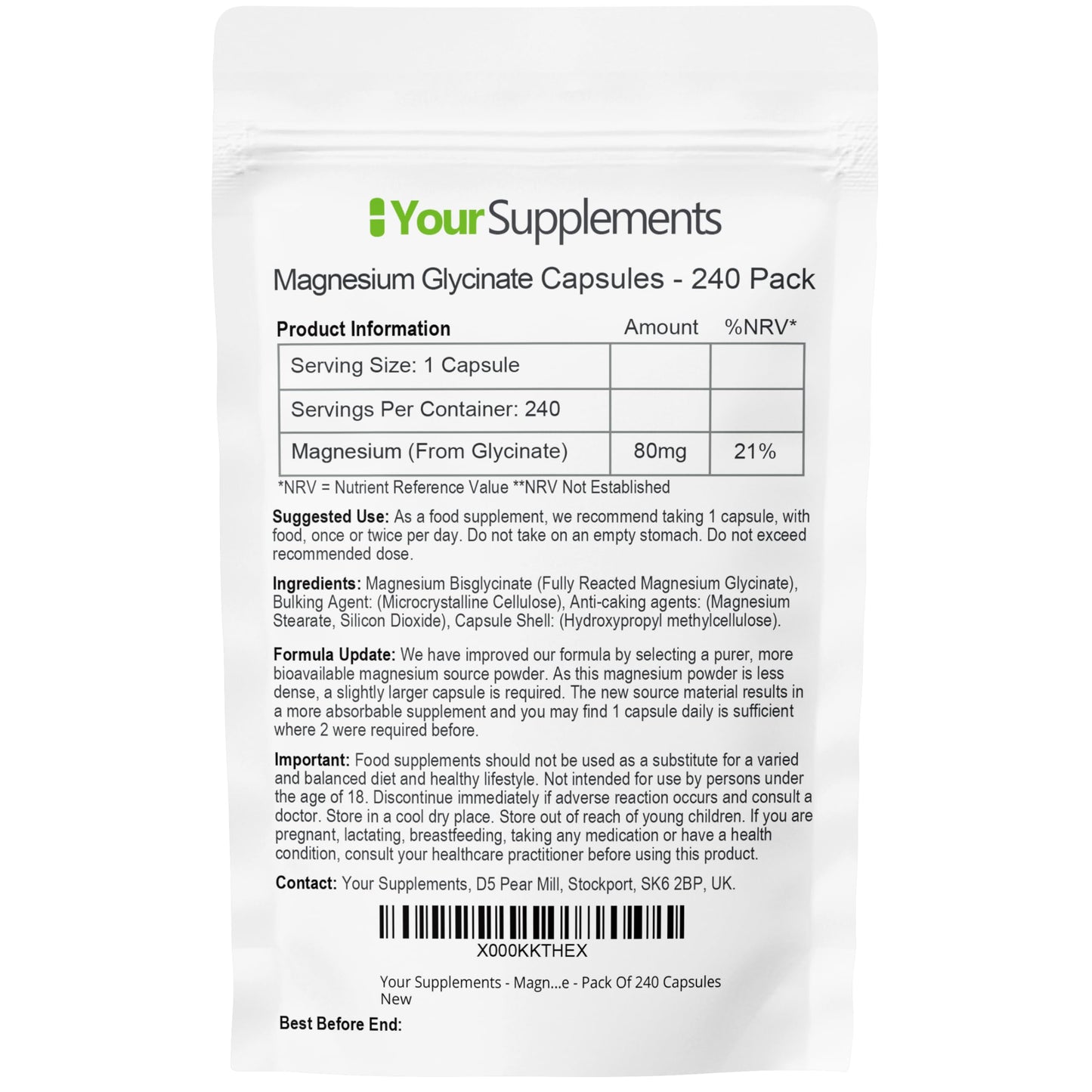 YourSupplements Magnesium Glycinate Supplements | 240 Capsules | True Fully Chelated | Premium Unblended High Absorption Bisglycinate | UK Made | Vegan Friendly