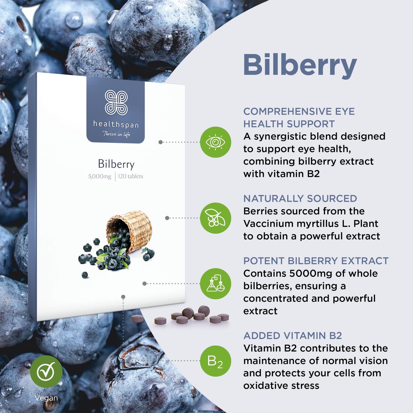 healthspan Healthspan Bilberry | 120 Tablets | Naturally Sourced | Vitamin B2 | Fresh Bilberries | Vegan