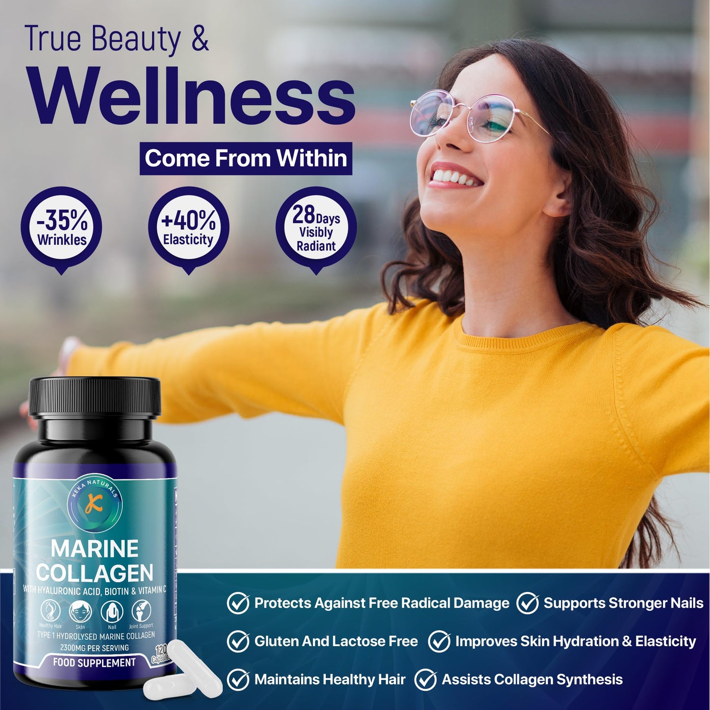 Hydrolysed Marine Collagen Peptides 2300mg - Enhanced with Hyaluronic Acid & Vitamin C - High Strength Collagen Supplements for Women and Men - 120 Capsules