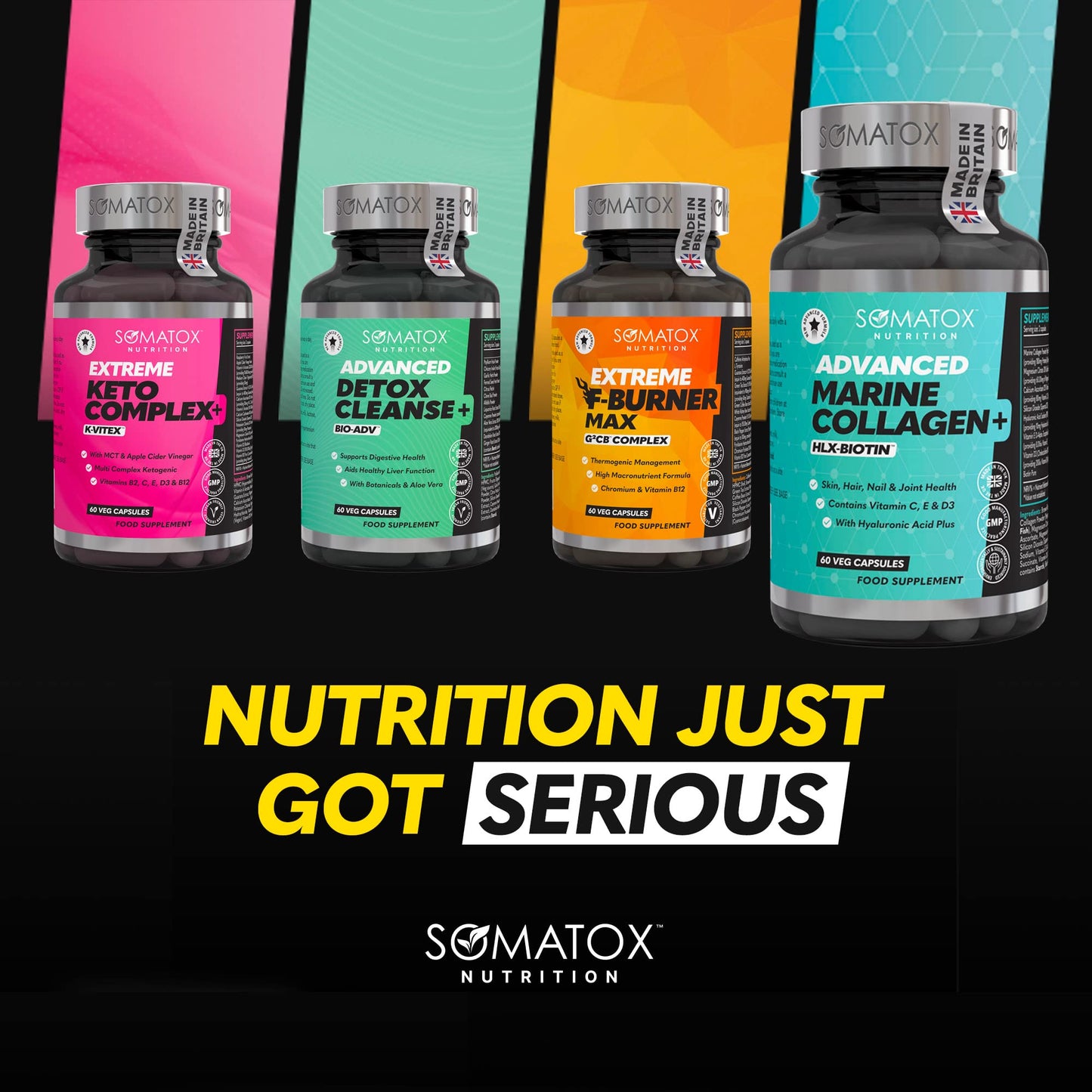 Somatox New Advanced Marine Collagen Plus – with HLX-BIOTIN™ Complex - Hydrolysed Type 1 with Hyaluronic Acid Plus & Vitamins C, E & D3-30 Day Supply Veg Capsules – Made UK GMP Certified