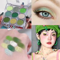 QUIWEN Green Eyeshadow Palette, 9 Colours Glitter Eye Shadow Makeup, Green Eye Shadow Pallets For Women, Shiny Sparkle Shimmer Matte Green Eyeshadow, Yellow White Mint Green MakeUp Palette with Brush