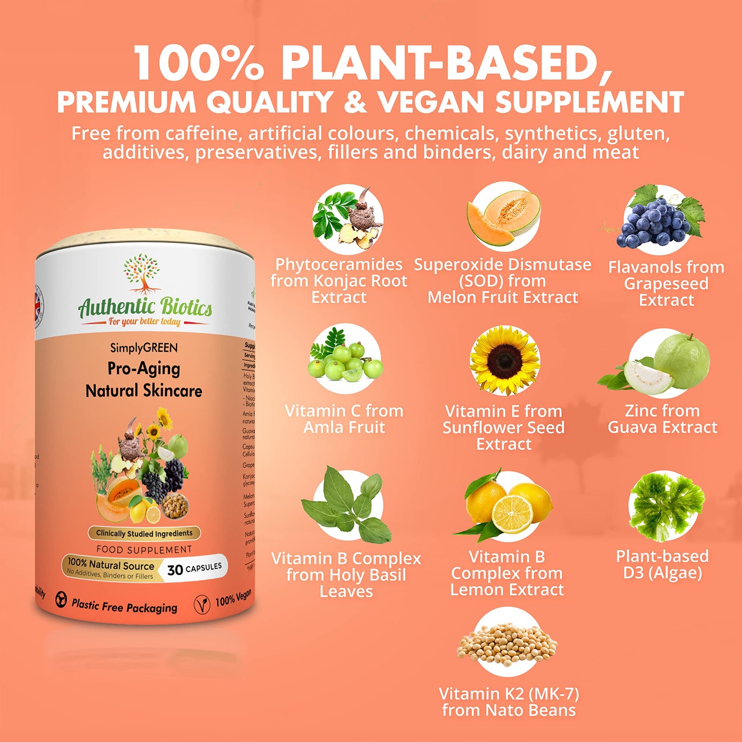 Authentic Biotics Vegan Collagen Boosting Natural Plant-based Skincare, Vitamins for Healthy Skin with Antioxidants, Contains Vitamin D3 K2 C & E Zinc Niacin Biotin & SOD, Multivitamins for Women & Men,1 Month Supply
