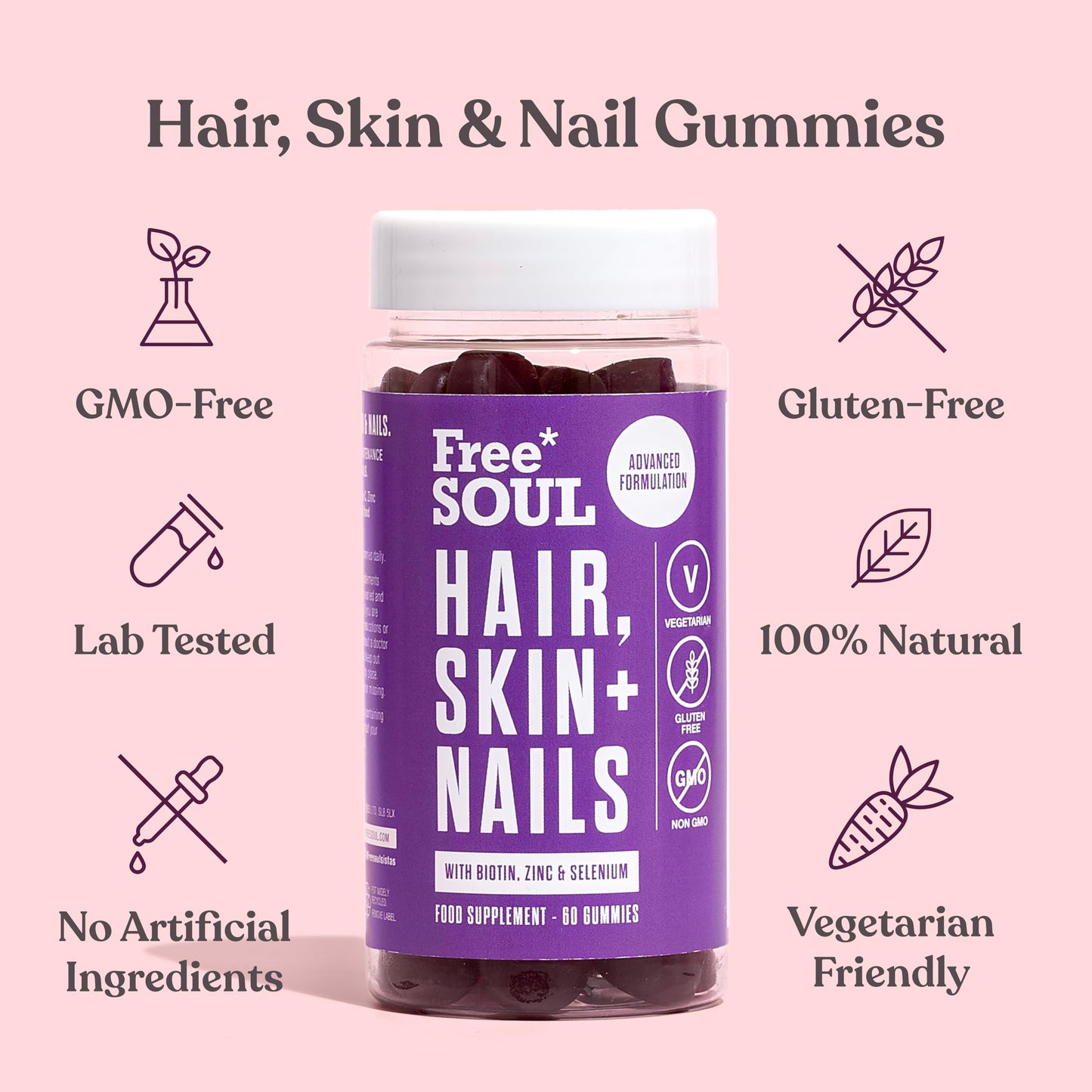 Free Soul Biotin Hair Supplement – Hair, Skin, & Nails Gummies – Delicious Chewable Hair Skin and Nails Vitamins – Biotin Enhanced with Vitamins B6, B12, Zinc, Selenium, E, A, C & D – 60 Gummies