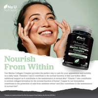 Nu U Nutrition Marine Collagen with Hyaluronic Acid, Vitamin C - 90 Hydrolysed Capsules (not Tablets) - Premium High Strength Collagen Supplements for Women & Men - Type 1 Marine Collagen - for Hair Nails & Skin