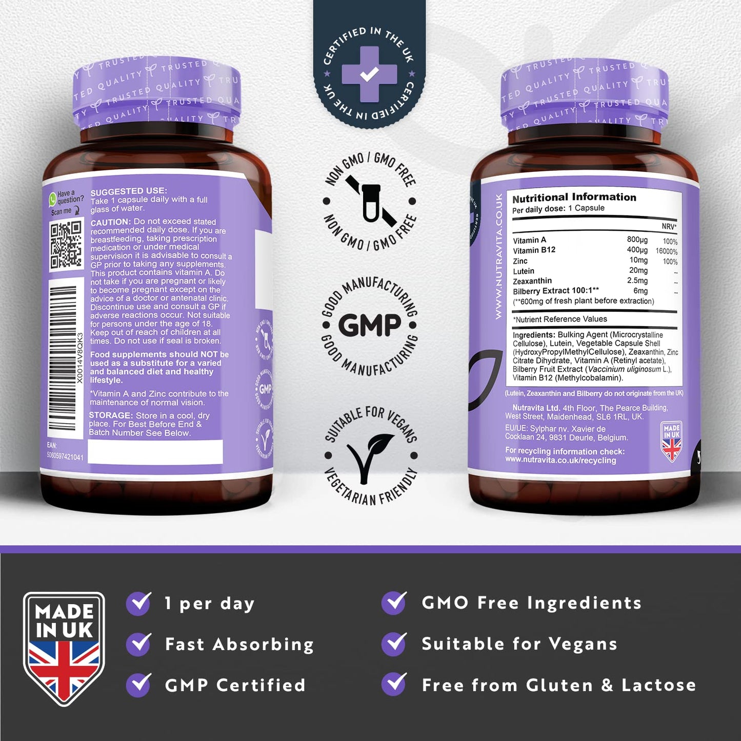 Lutein Natural Eye Supplement – 90 Vegan Capsules - Zeaxanthin, Meso Zeaxanthin, Bilberry Extract, Vitamins A, B12 & Zinc – for Maintenance of Normal Vision – Made in The UK by Nutravita