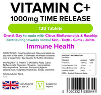 Lindens Vitamin C+ 1000mg Time Release Tablets - 120 Pack - with Citrus Bioflavonoids and Rosehip - Contributes to Immune System Health, Reduces Tiredness and Supports Healthy Skin and Teeth