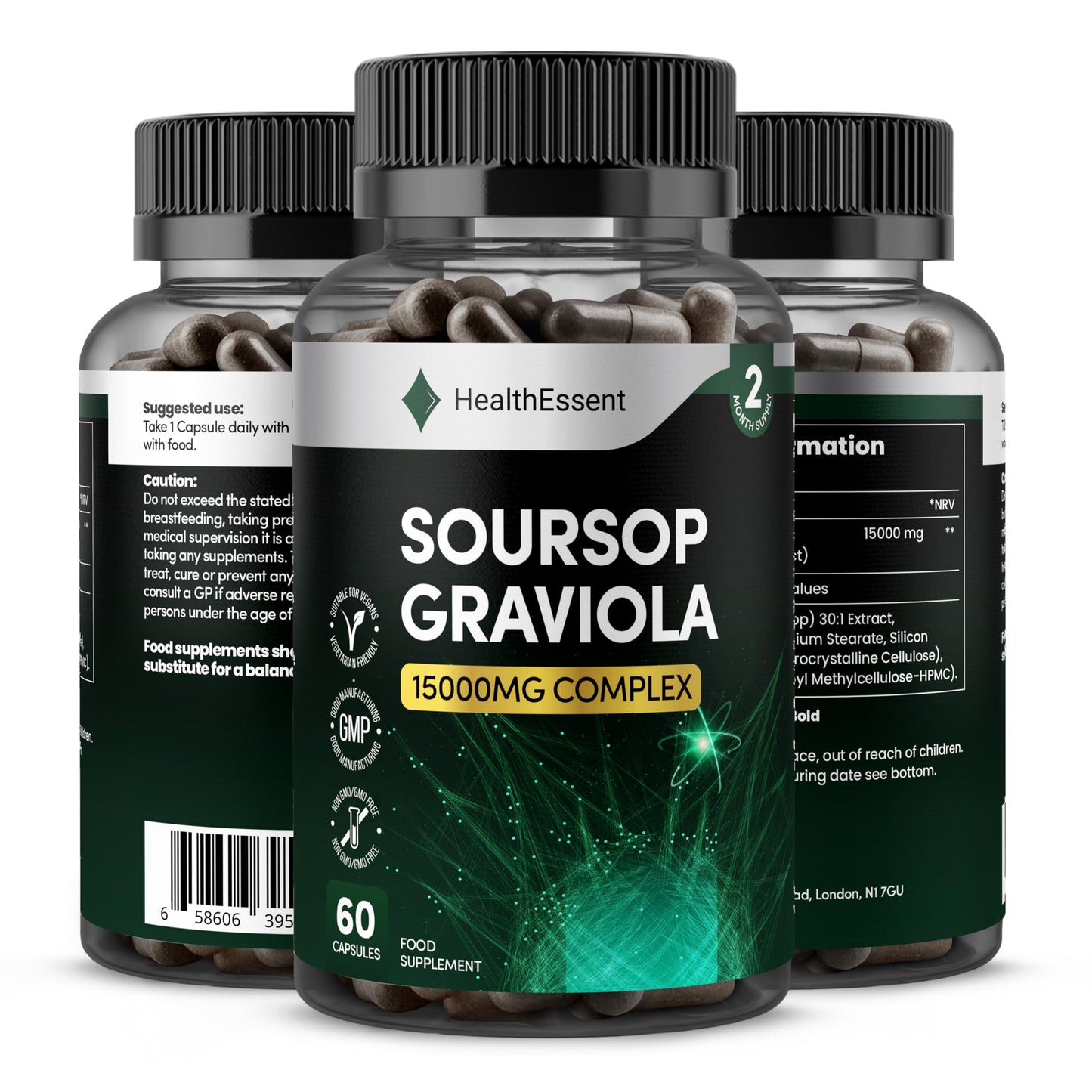 Soursop Graviola Fruit Extract Capsules, 15000mg High Strength Complex - Antioxidant & Immune Support - (2 Month Supply) - 60 Vegan Capsules by HealthEssent