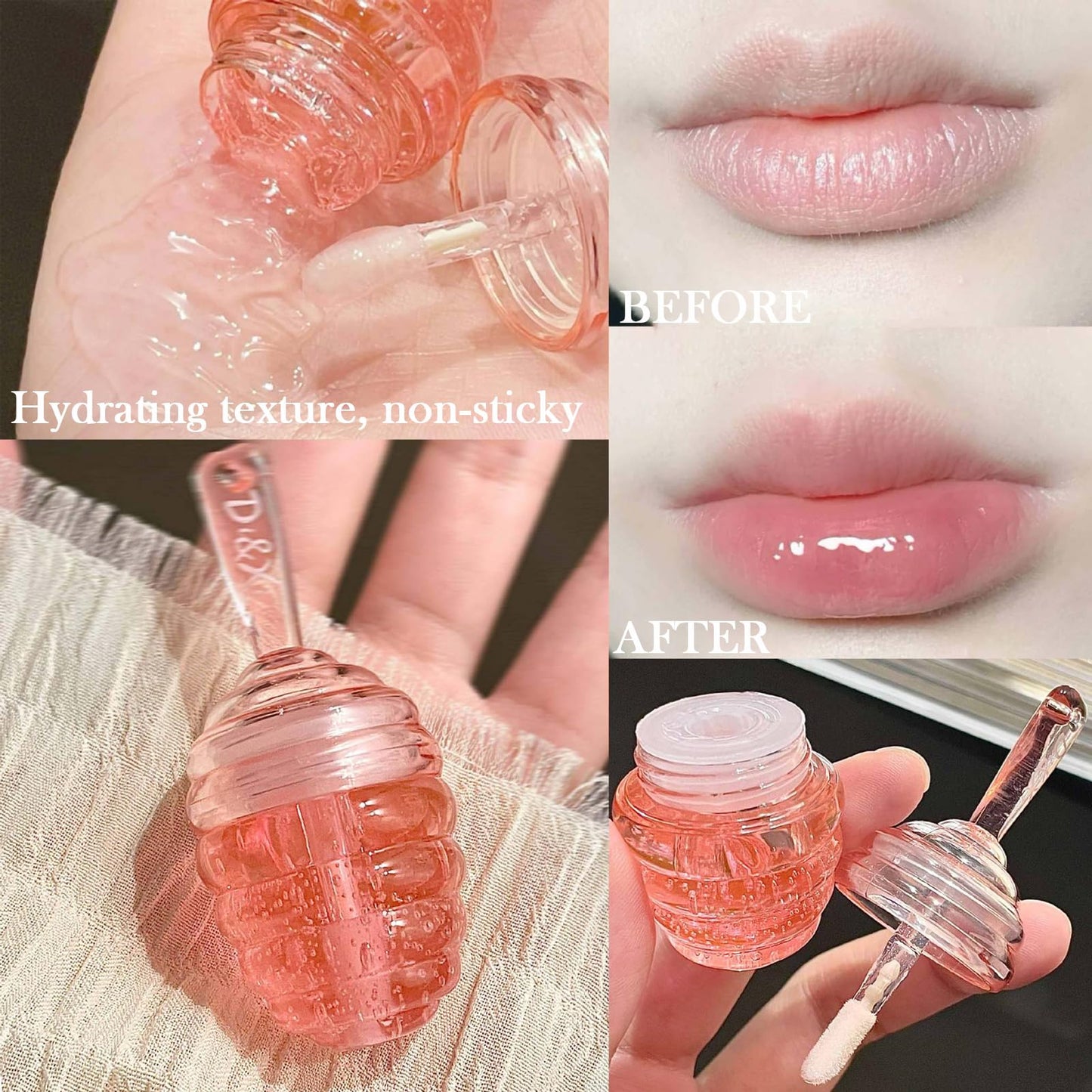 GEEWHILE Honey Lip Oil Clear Lip Gloss Set, 2PCS Honey Bee Balm Moisturizing Liquid Lipstick, Glossy Lip Make Up Transparent Lip Gloss Kit for Day&Night Lip Care,Lip Line Reducing, Honey Flavors