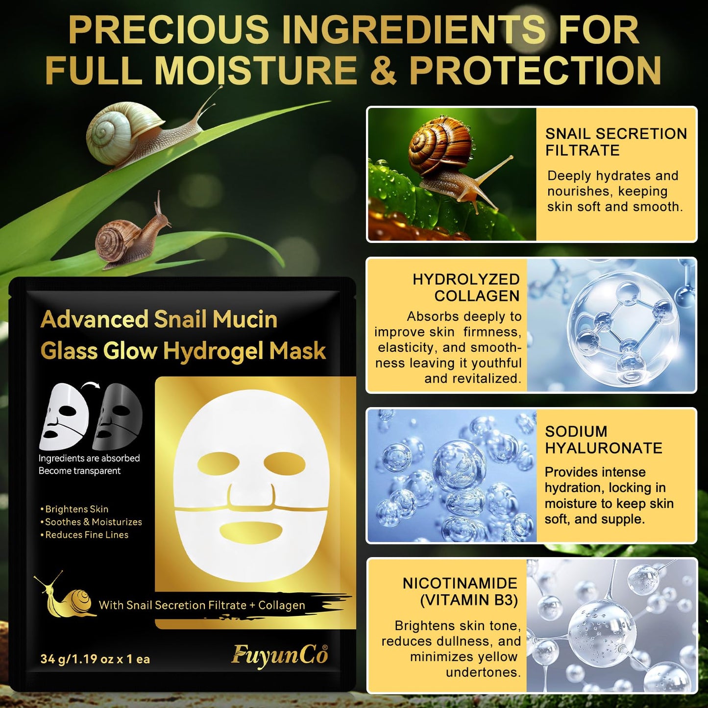 Buyourtaste Advanced Snail Mucin Glass Glow Hydrogel Face Masks, 4Pcs Collagen Face Mask, Snail Mucin Serum Mask, Snail Mucin Face Mask, Hydrating, Soothing & Firming, Brighten Skin, Reduce Fine Lines