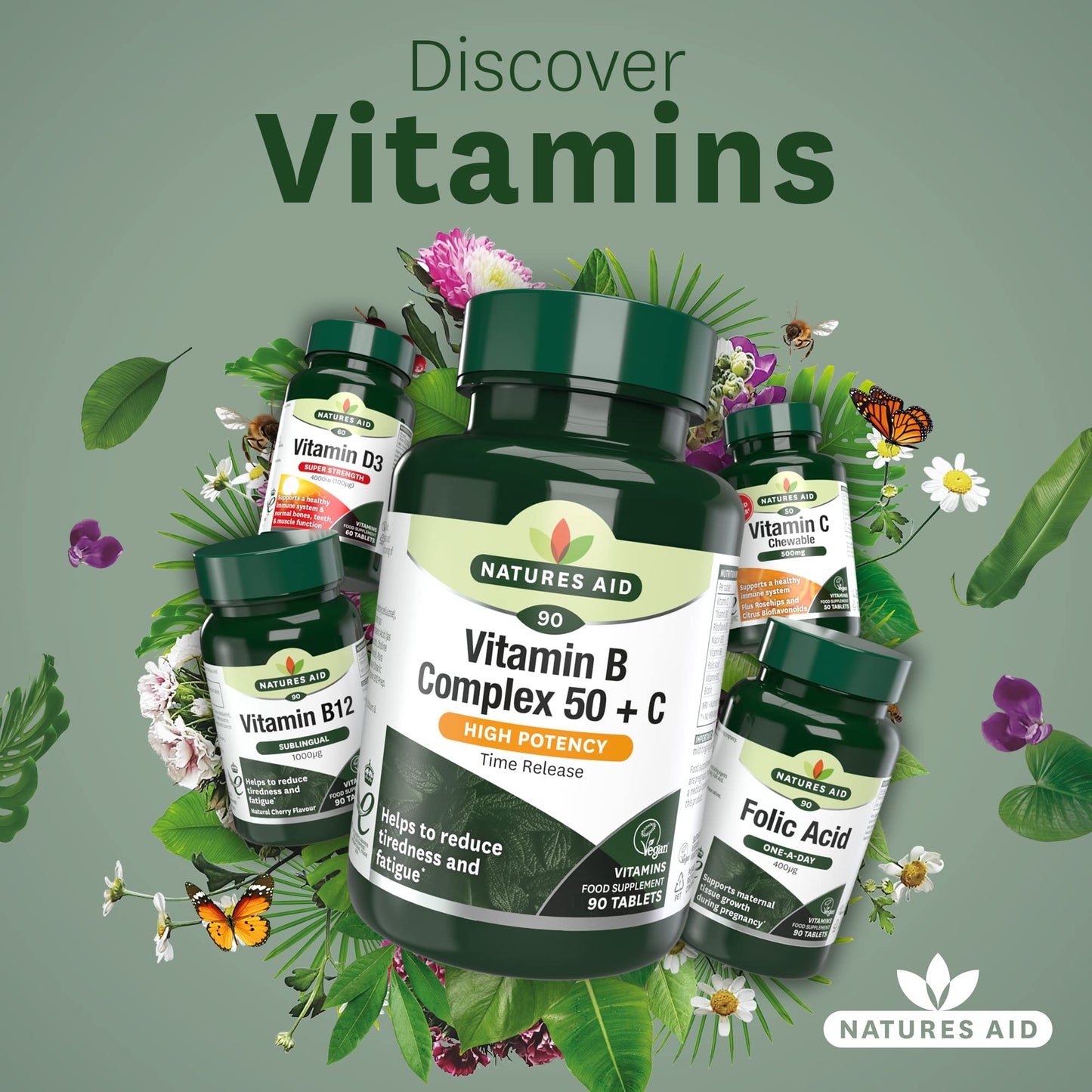 Natures Aid Vitamin B Complex 50 + C (High Potency) with Vitamin C - 90 Tablets