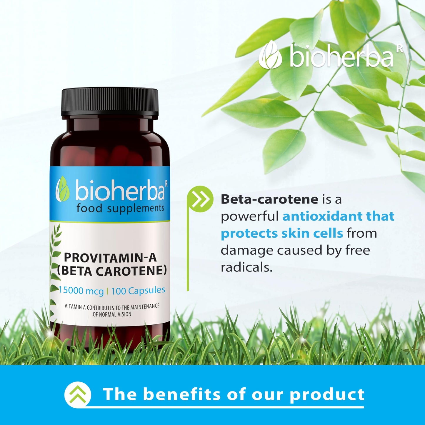 Beta-Carotene 100 Capsules 15000 mcg - High-Potency Provitamin A for Skin and Immune Health by BIOHERBA