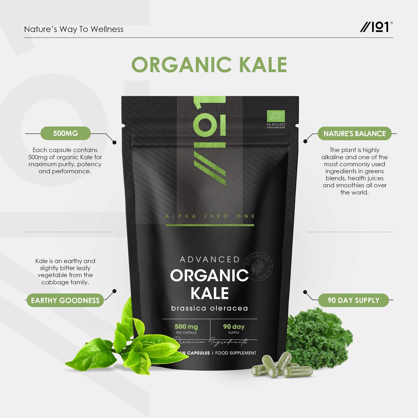 ALPHA01 Organic Kale 500mg – High Strength Brassica Oleracea Supplement – 90 Vegan Capsules (3 Month Supply) – Resealable and Recyclable Pouch – by Alpha01