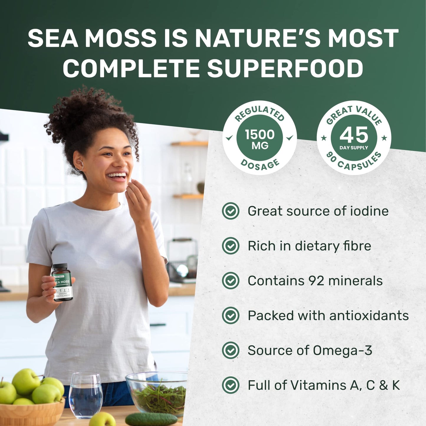 MarineOrganics Organic Sea Moss Capsules - 90 Irish Sea Moss and Bladderwrack Capsules - Iodine Tablets - UK Wild Harvested Seamoss - High Potency